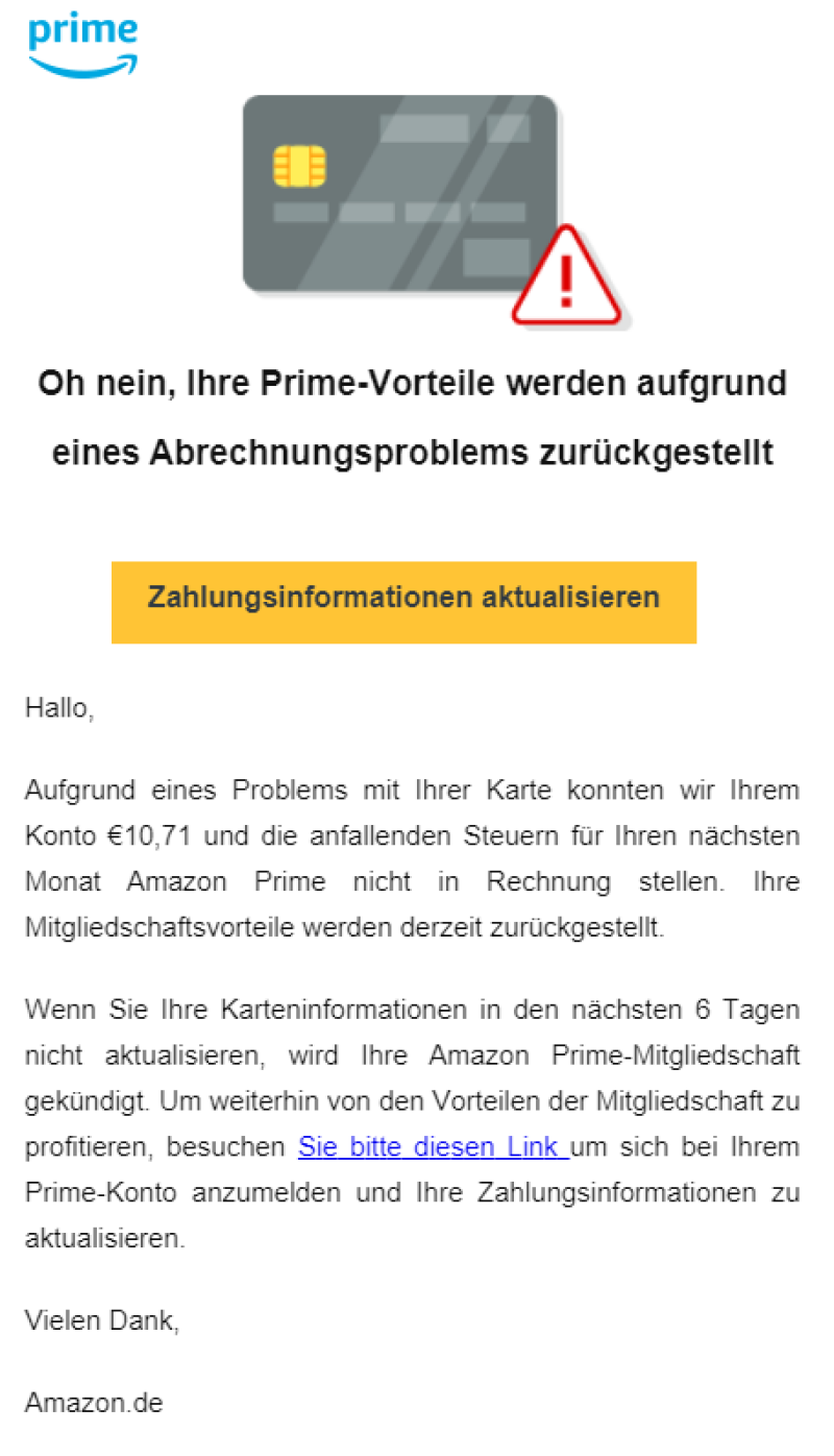 Fake Mail Amazon Prime: Konto wegen Abrechnungsproblem gesperrt