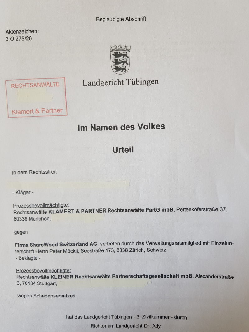 Landgericht Tübingen verurteilt Sharewood Switzerland AG zur Zahlung von  155.068,27 € an Anleger